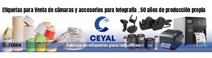 Etiquetas para Venta de cámaras y accesorios para fotografía . 50 años de producción propia