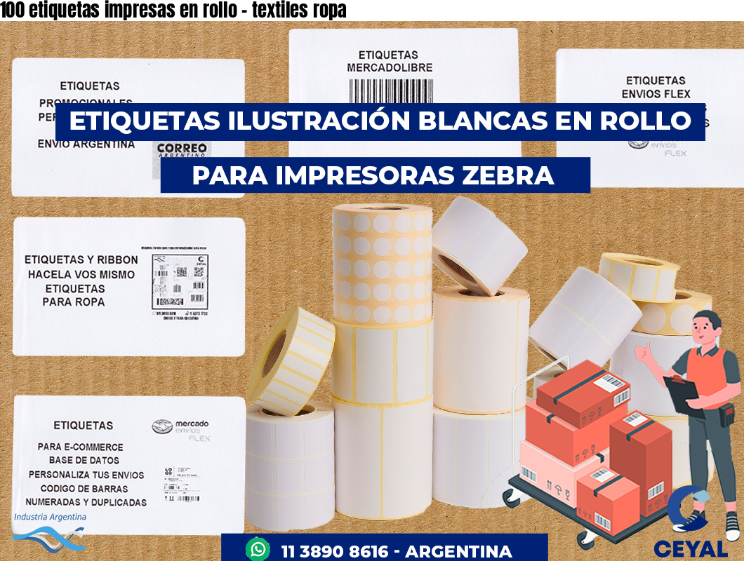 100 etiquetas impresas en rollo – textiles ropa