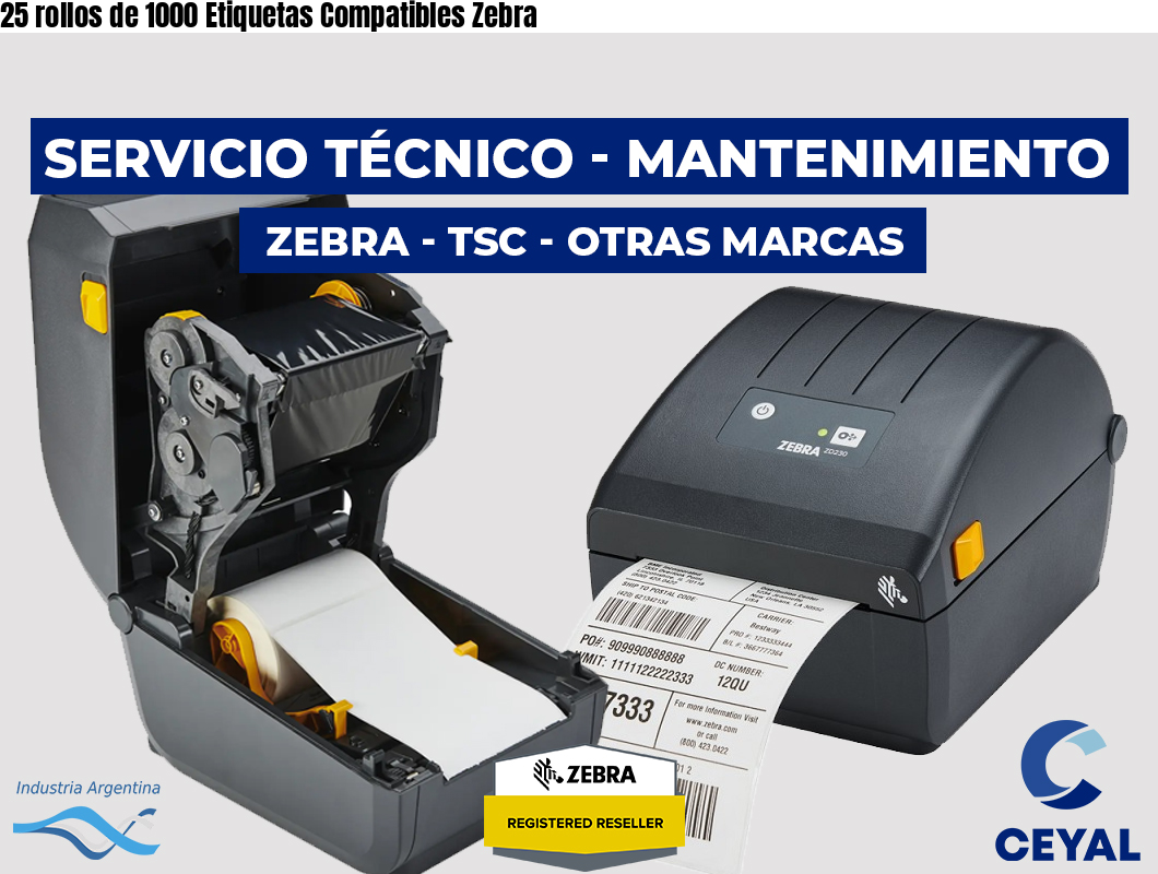 25 rollos de 1000 Etiquetas Compatibles Zebra