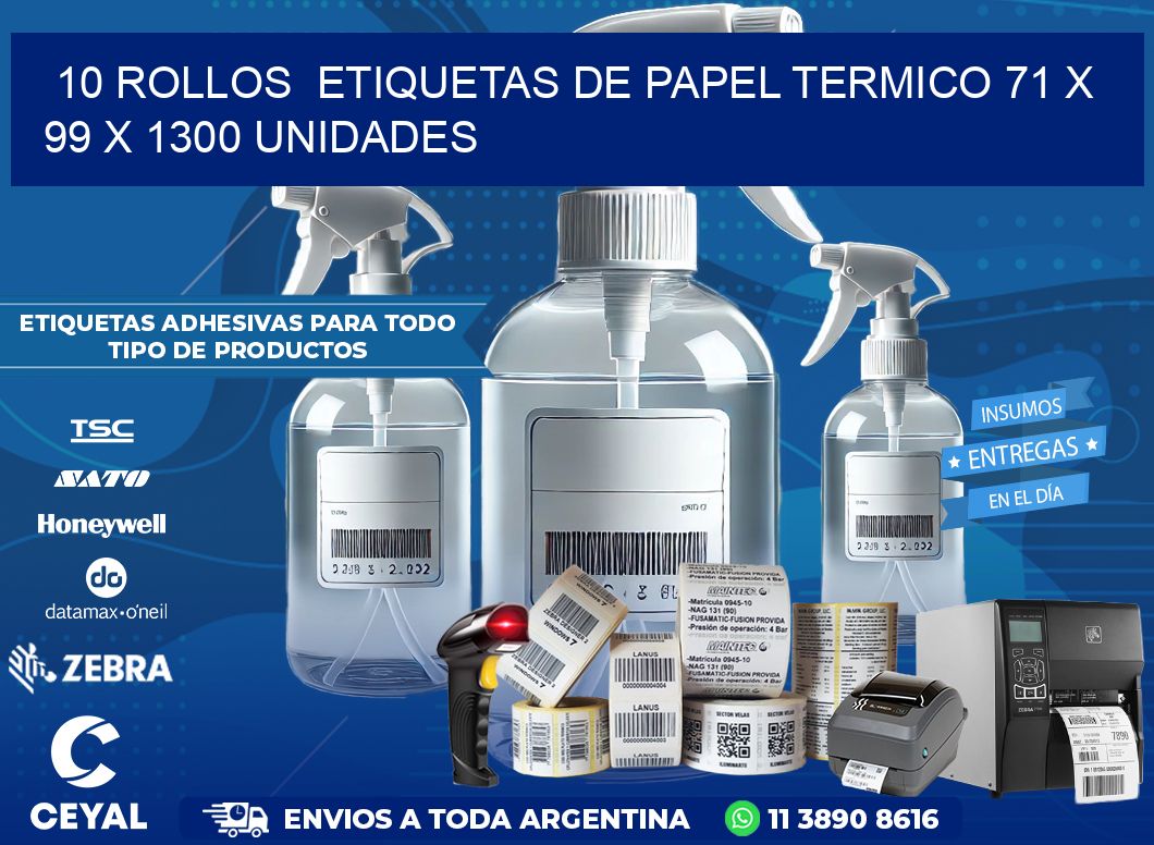 10 ROLLOS  ETIQUETAS DE PAPEL TERMICO 71 x 99 X 1300 UNIDADES