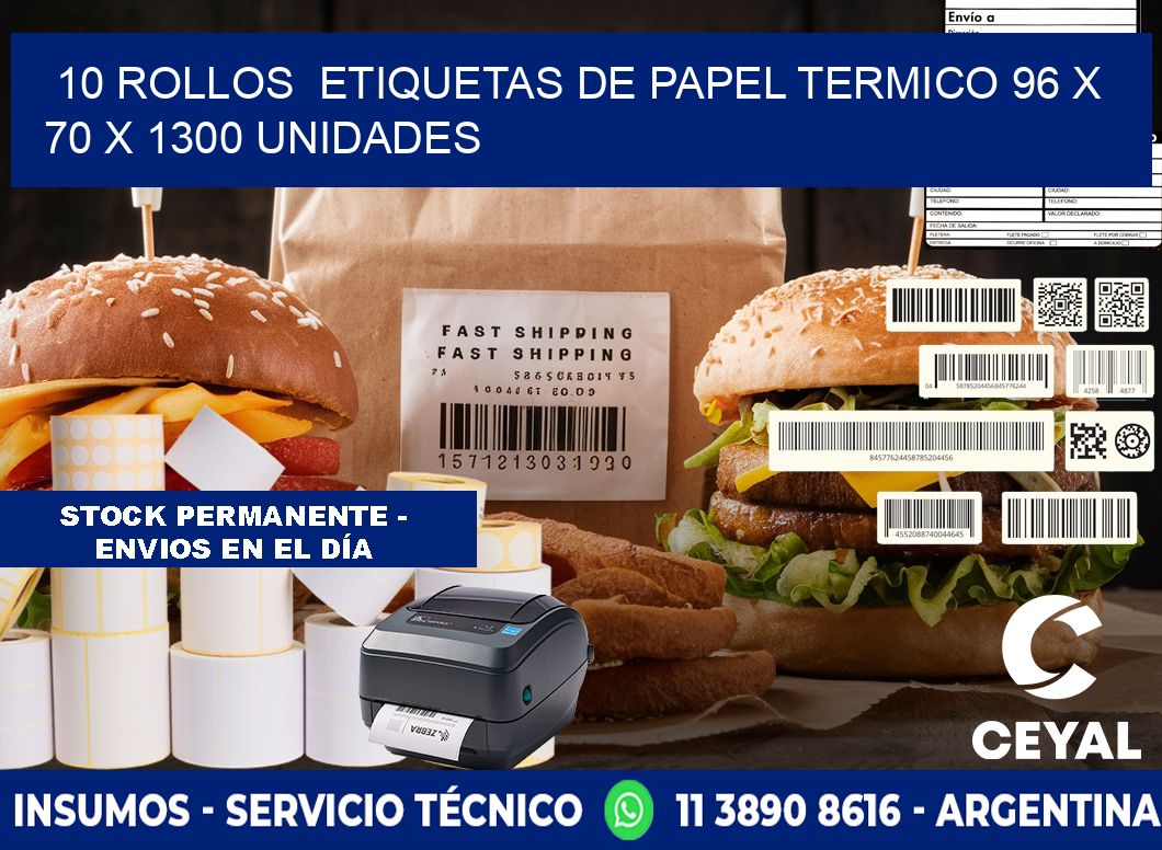 10 ROLLOS  ETIQUETAS DE PAPEL TERMICO 96 x 70 X 1300 UNIDADES