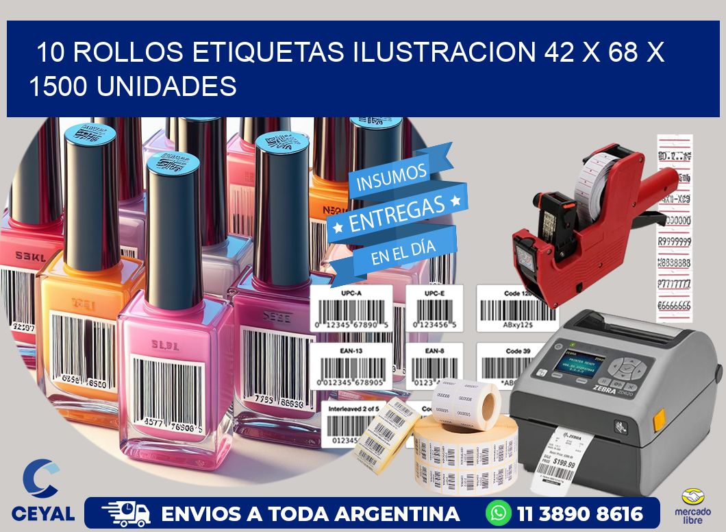 10 ROLLOS ETIQUETAS ILUSTRACION 42 x 68 X 1500 UNIDADES