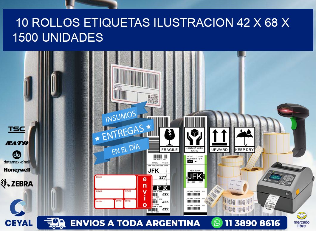 10 ROLLOS ETIQUETAS ILUSTRACION 42 x 68 X 1500 UNIDADES