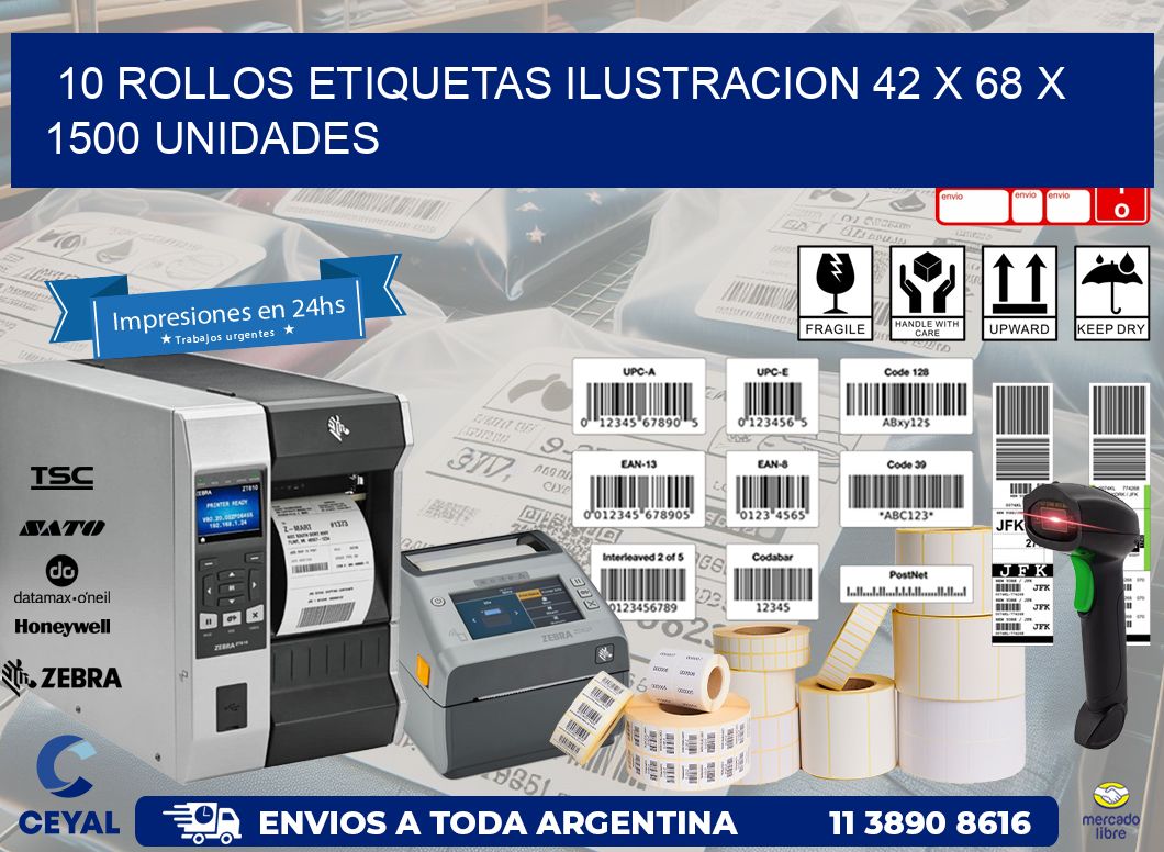10 ROLLOS ETIQUETAS ILUSTRACION 42 x 68 X 1500 UNIDADES