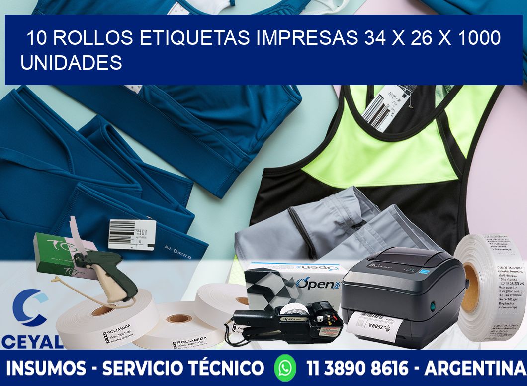 10 ROLLOS ETIQUETAS IMPRESAS 34 x 26 X 1000 UNIDADES