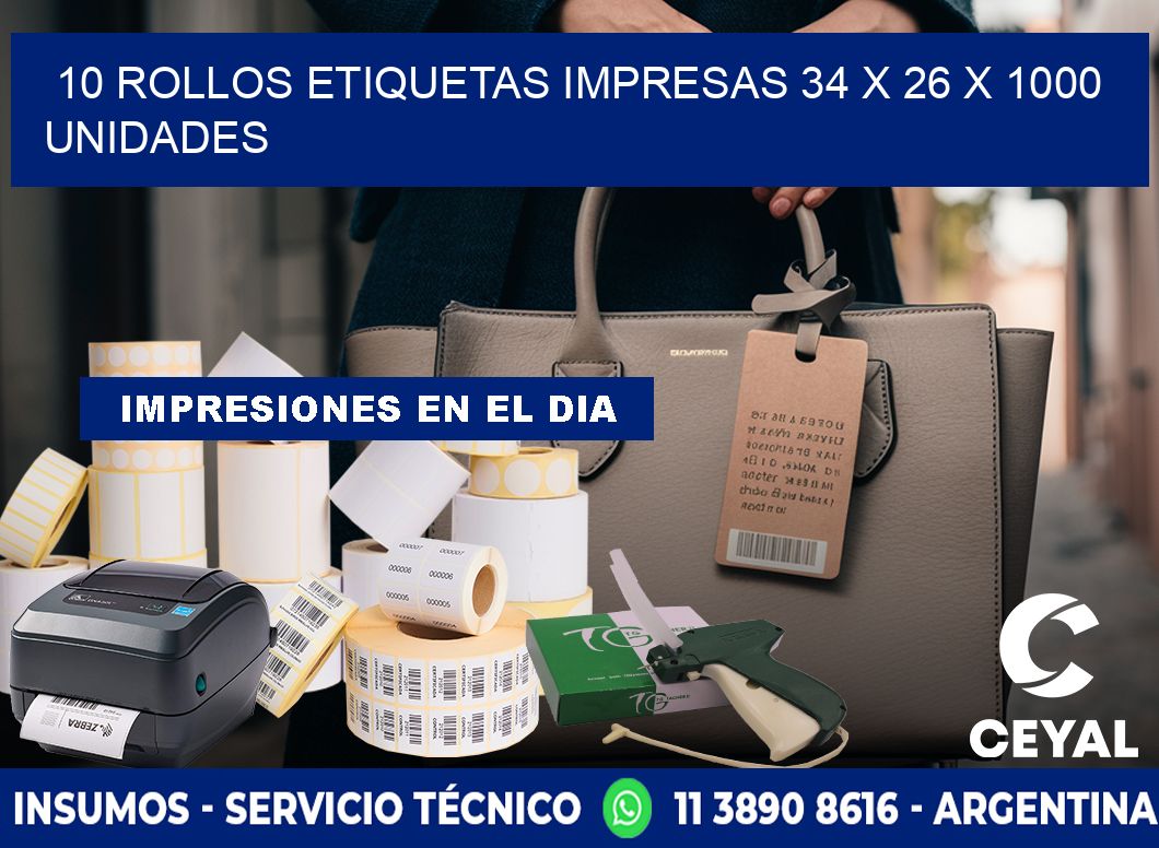 10 ROLLOS ETIQUETAS IMPRESAS 34 x 26 X 1000 UNIDADES