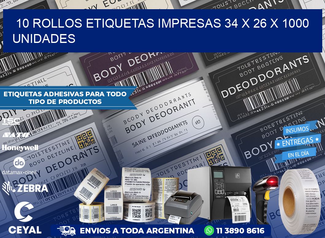 10 ROLLOS ETIQUETAS IMPRESAS 34 x 26 X 1000 UNIDADES
