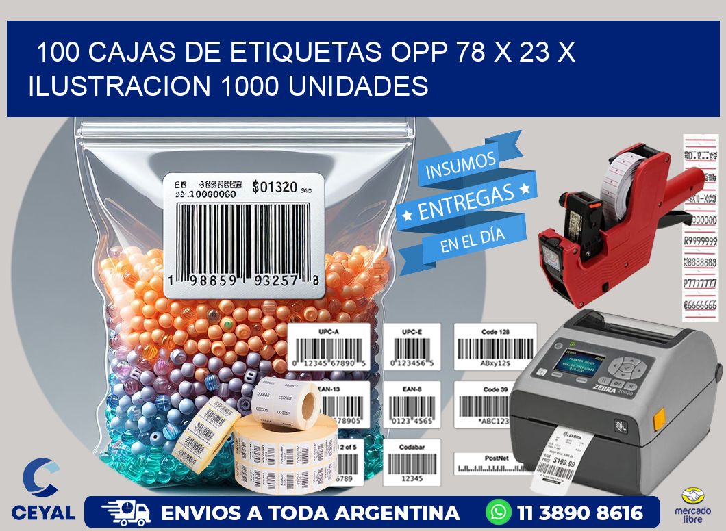 100 CAJAS DE ETIQUETAS OPP 78 x 23 X ILUSTRACION 1000 UNIDADES