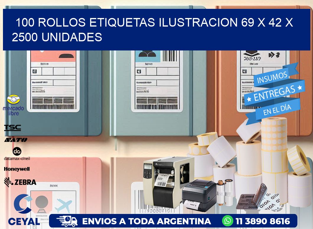 100 ROLLOS ETIQUETAS ILUSTRACION 69 x 42 X 2500 UNIDADES
