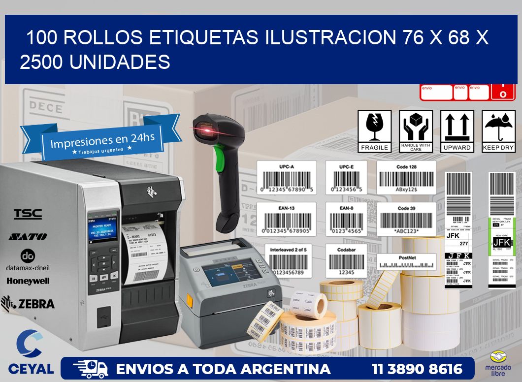 100 ROLLOS ETIQUETAS ILUSTRACION 76 x 68 X 2500 UNIDADES