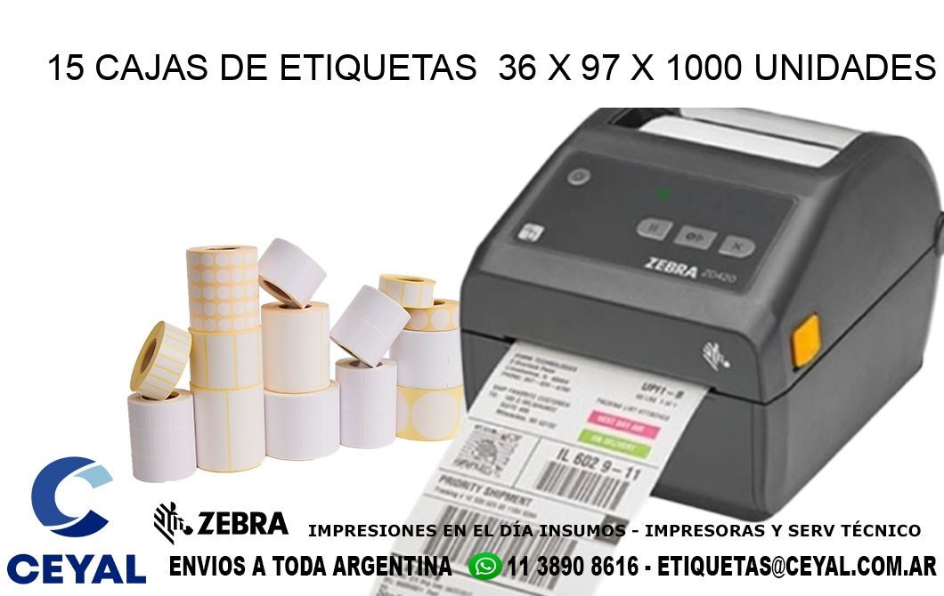 15 CAJAS DE ETIQUETAS  36 x 97 X 1000 UNIDADES