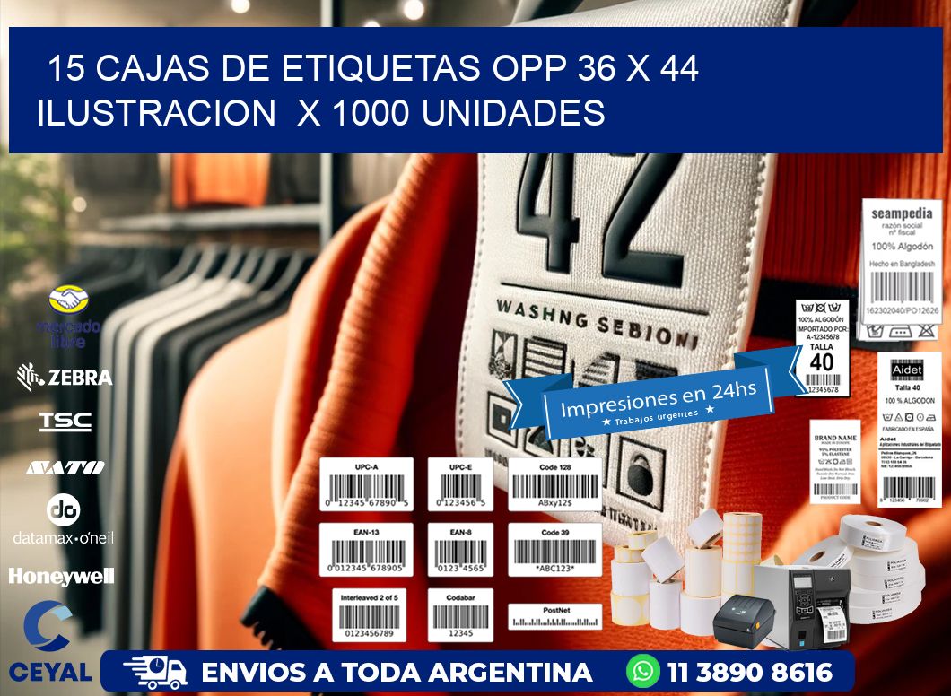 15 CAJAS DE ETIQUETAS OPP 36 x 44 ILUSTRACION  X 1000 UNIDADES