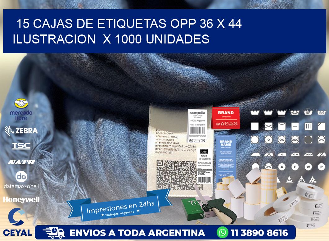 15 CAJAS DE ETIQUETAS OPP 36 x 44 ILUSTRACION  X 1000 UNIDADES