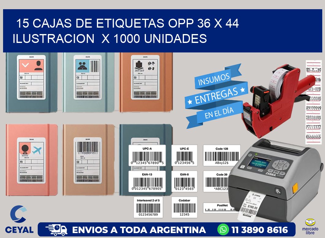15 CAJAS DE ETIQUETAS OPP 36 x 44 ILUSTRACION  X 1000 UNIDADES