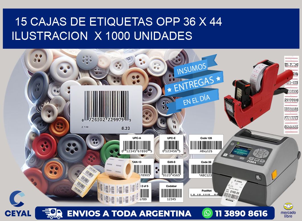 15 CAJAS DE ETIQUETAS OPP 36 x 44 ILUSTRACION  X 1000 UNIDADES