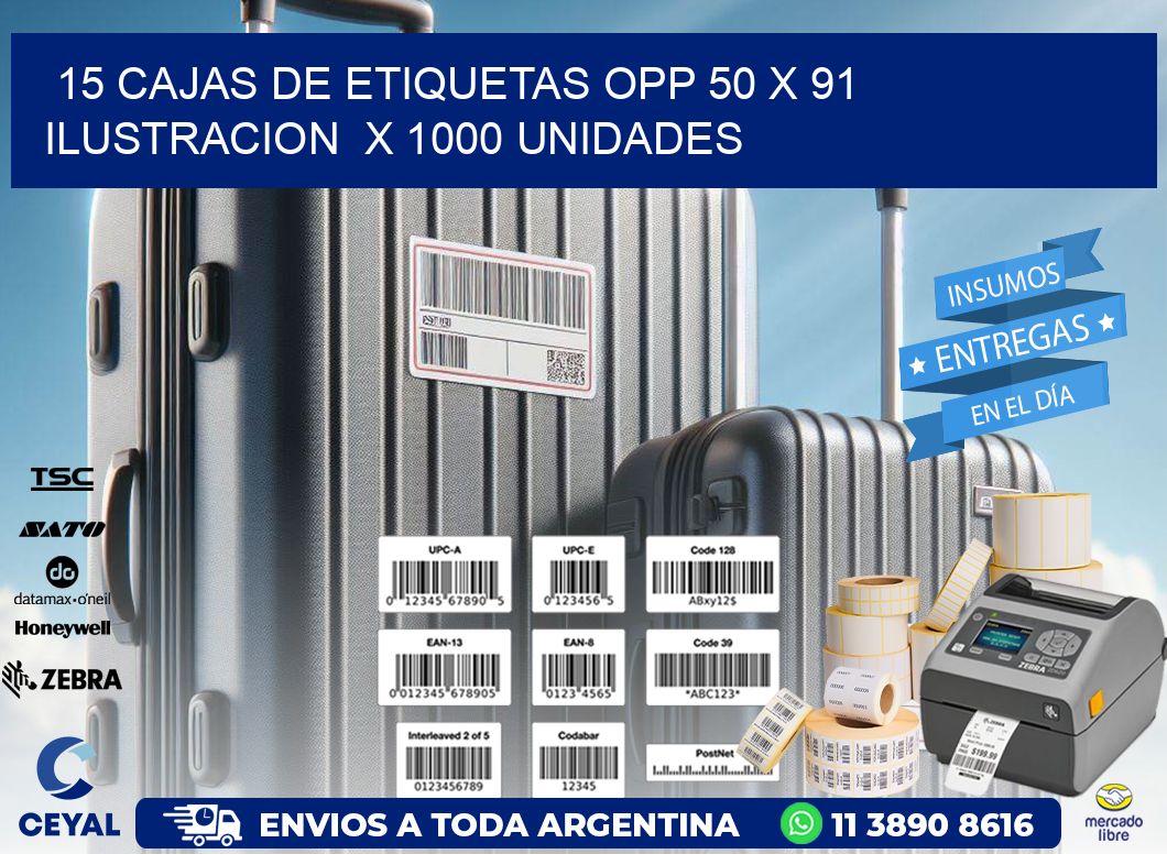 15 CAJAS DE ETIQUETAS OPP 50 x 91 ILUSTRACION  X 1000 UNIDADES