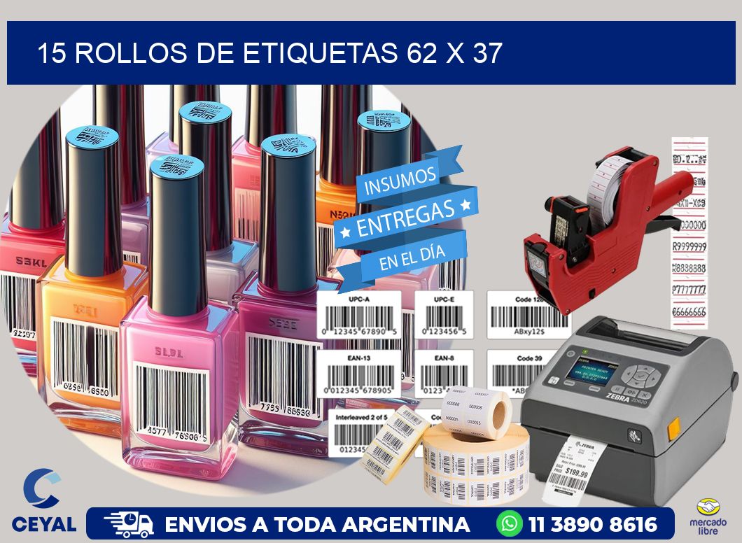 15 ROLLOS DE ETIQUETAS 62 x 37