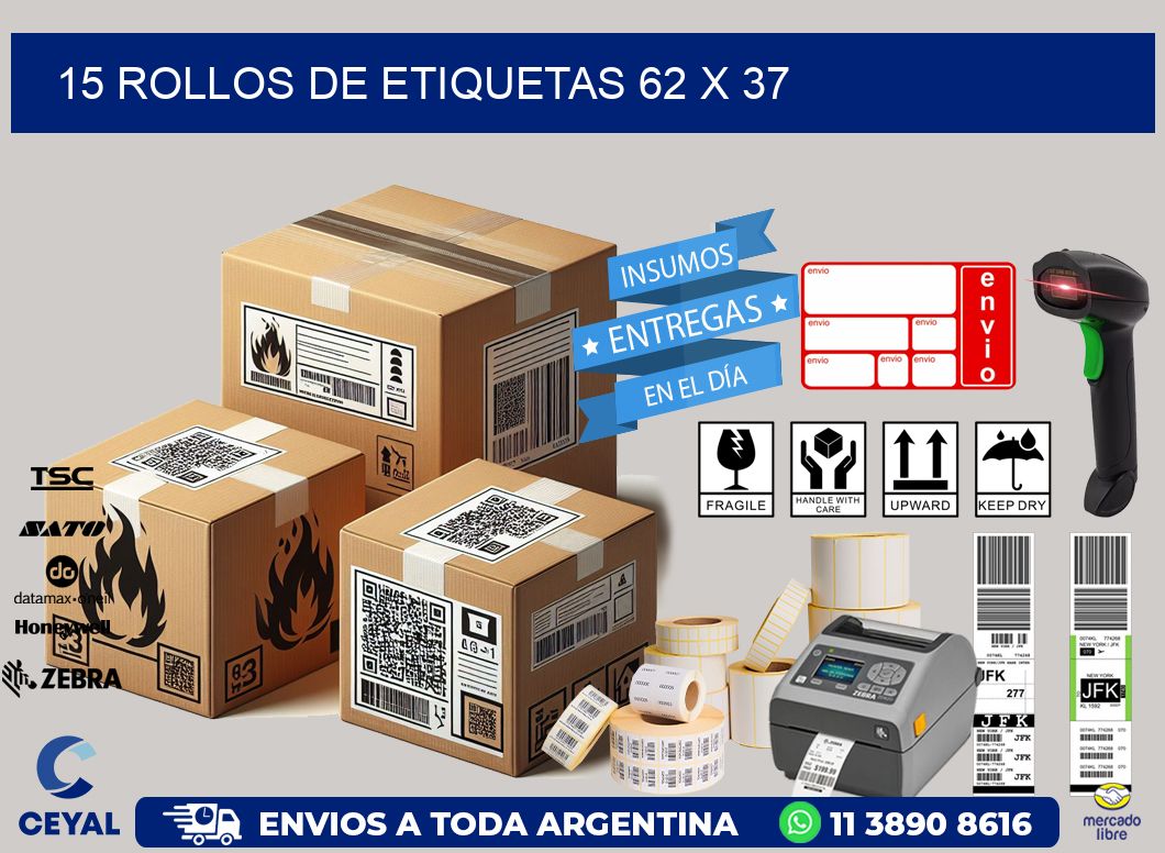 15 ROLLOS DE ETIQUETAS 62 x 37