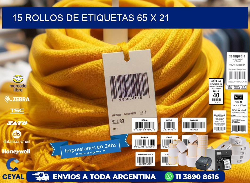 15 ROLLOS DE ETIQUETAS 65 x 21