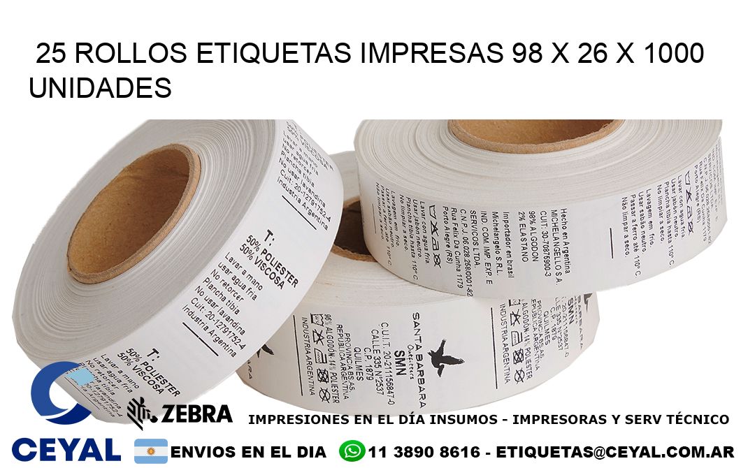 25 ROLLOS ETIQUETAS IMPRESAS 98 x 26 X 1000 UNIDADES