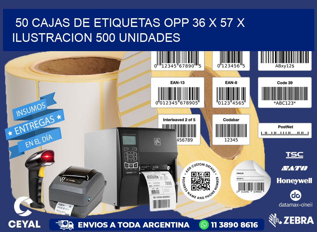 50 CAJAS DE ETIQUETAS OPP 36 x 57 X ILUSTRACION 500 UNIDADES