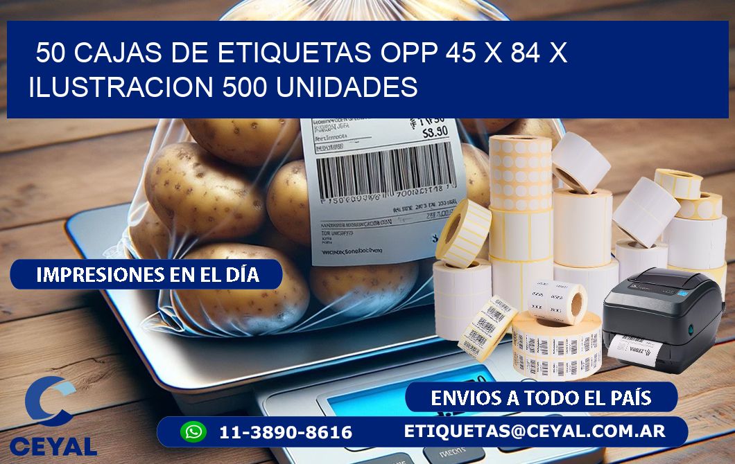 50 CAJAS DE ETIQUETAS OPP 45 x 84 X ILUSTRACION 500 UNIDADES