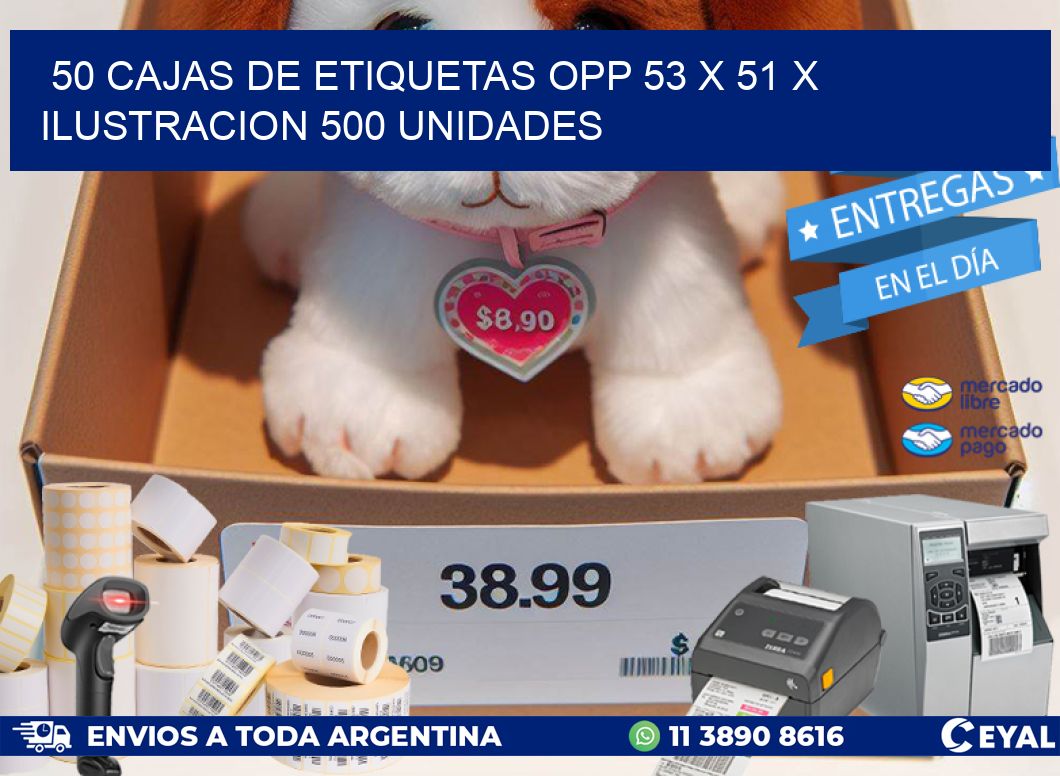 50 CAJAS DE ETIQUETAS OPP 53 x 51 X ILUSTRACION 500 UNIDADES