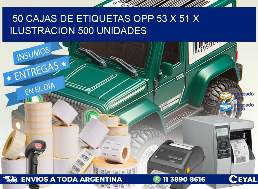 50 CAJAS DE ETIQUETAS OPP 53 x 51 X ILUSTRACION 500 UNIDADES