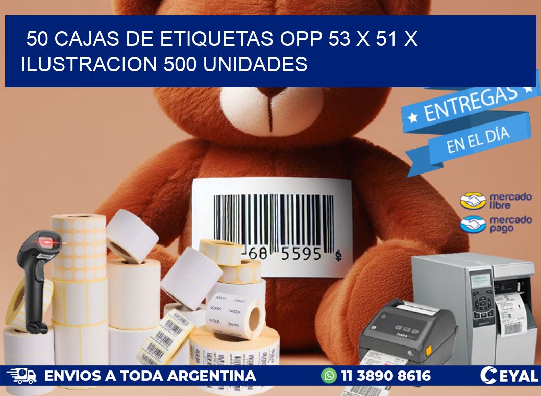 50 CAJAS DE ETIQUETAS OPP 53 x 51 X ILUSTRACION 500 UNIDADES