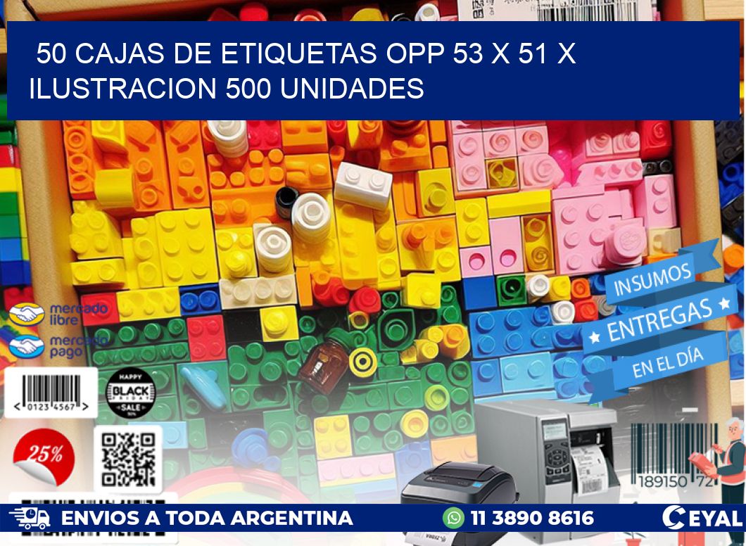 50 CAJAS DE ETIQUETAS OPP 53 x 51 X ILUSTRACION 500 UNIDADES