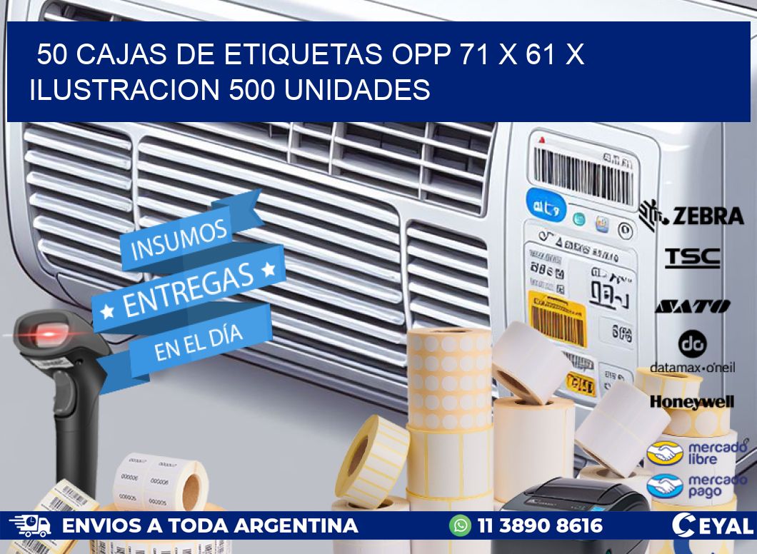 50 CAJAS DE ETIQUETAS OPP 71 x 61 X ILUSTRACION 500 UNIDADES
