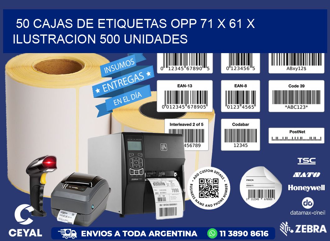 50 CAJAS DE ETIQUETAS OPP 71 x 61 X ILUSTRACION 500 UNIDADES