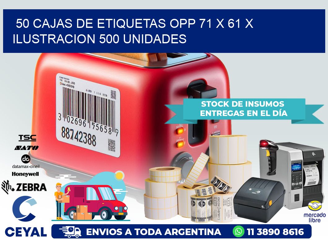 50 CAJAS DE ETIQUETAS OPP 71 x 61 X ILUSTRACION 500 UNIDADES