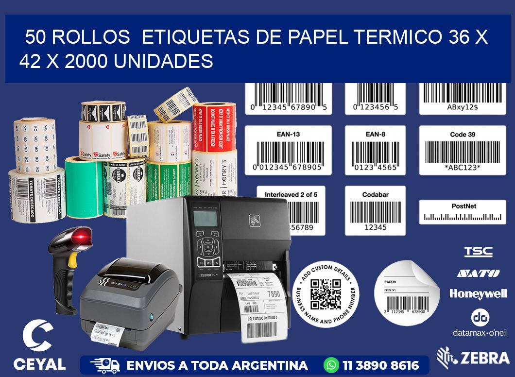 50 ROLLOS  ETIQUETAS DE PAPEL TERMICO 36 x 42 X 2000 UNIDADES