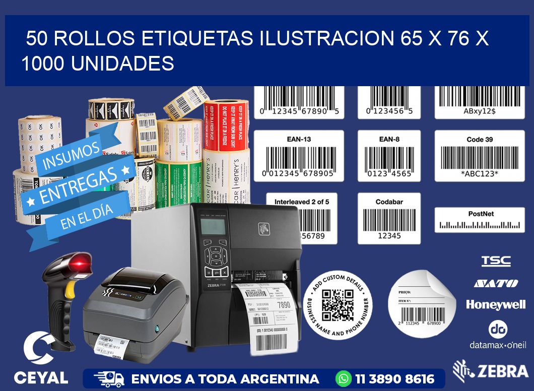 50 ROLLOS ETIQUETAS ILUSTRACION 65 x 76 X 1000 UNIDADES