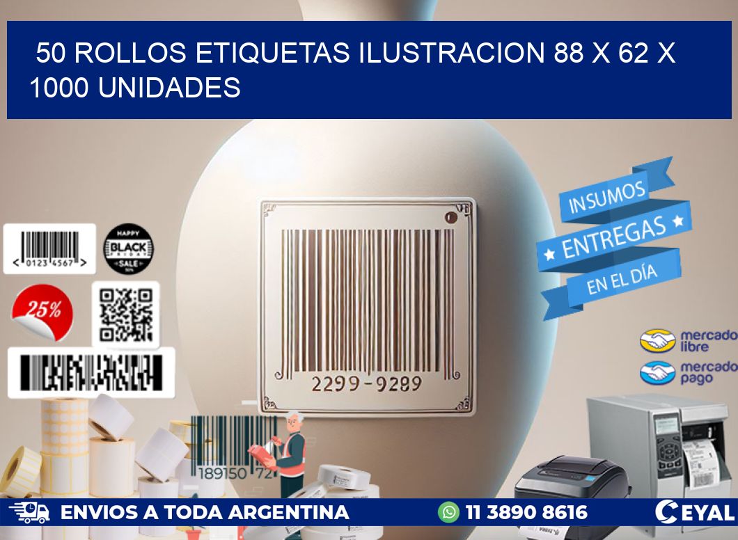 50 ROLLOS ETIQUETAS ILUSTRACION 88 x 62 X 1000 UNIDADES