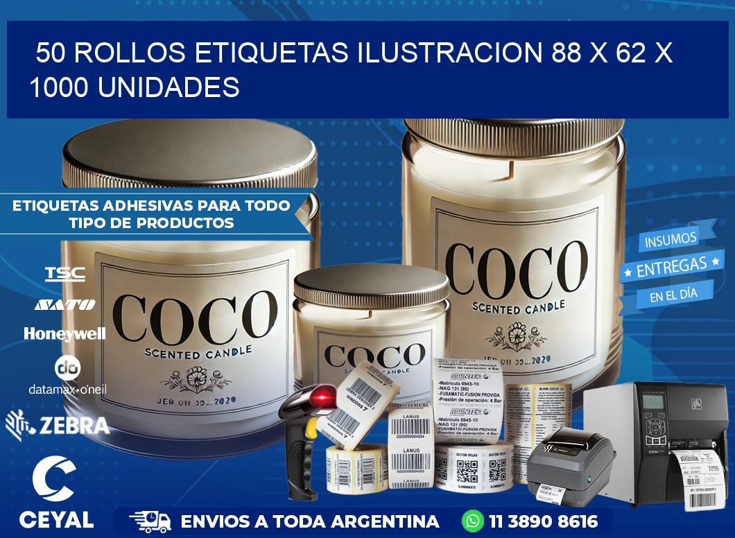 50 ROLLOS ETIQUETAS ILUSTRACION 88 x 62 X 1000 UNIDADES