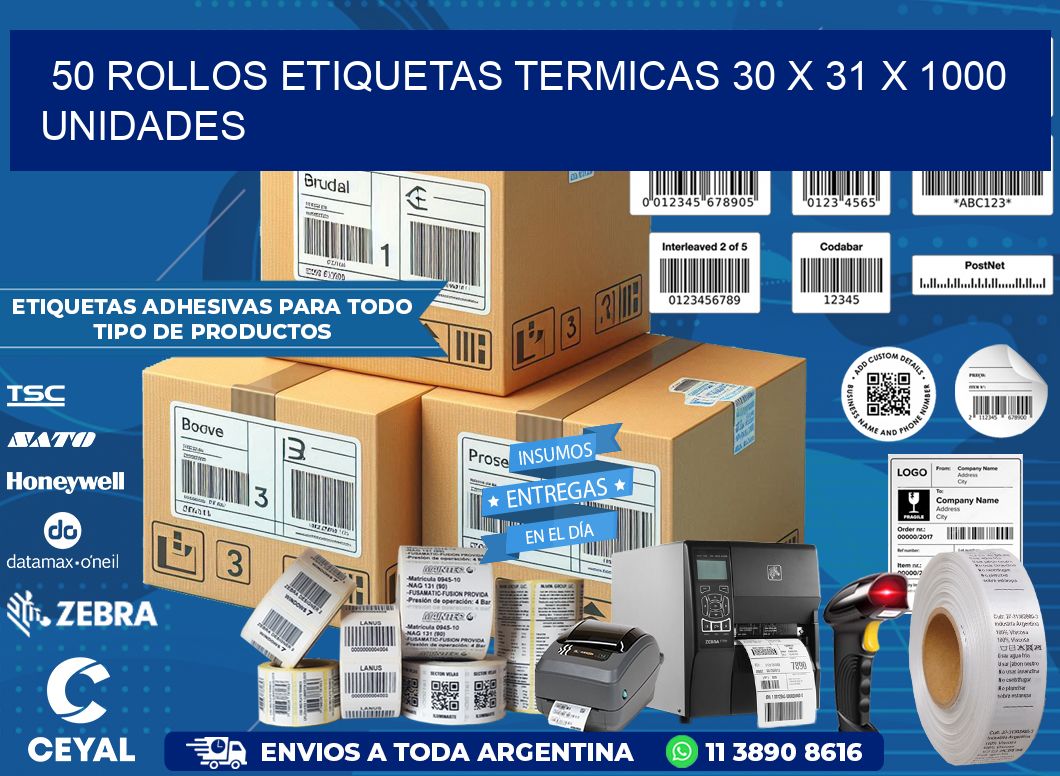 50 ROLLOS ETIQUETAS TERMICAS 30 x 31 X 1000 UNIDADES