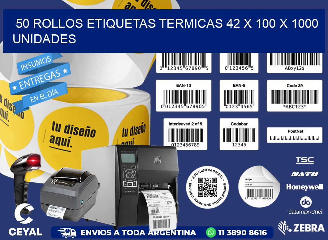 50 ROLLOS ETIQUETAS TERMICAS 42 x 100 X 1000 UNIDADES