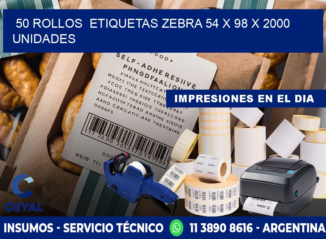 50 ROLLOS  ETIQUETAS ZEBRA 54 x 98 X 2000 UNIDADES