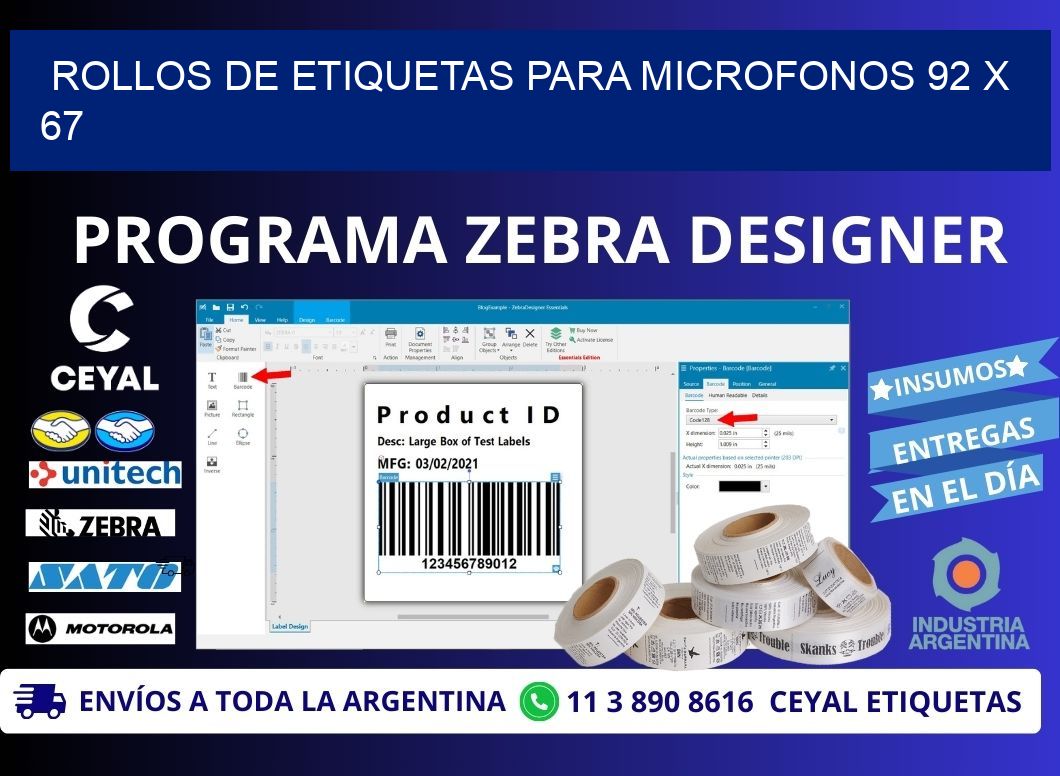 ROLLOS DE ETIQUETAS PARA MICROFONOS 92 x 67