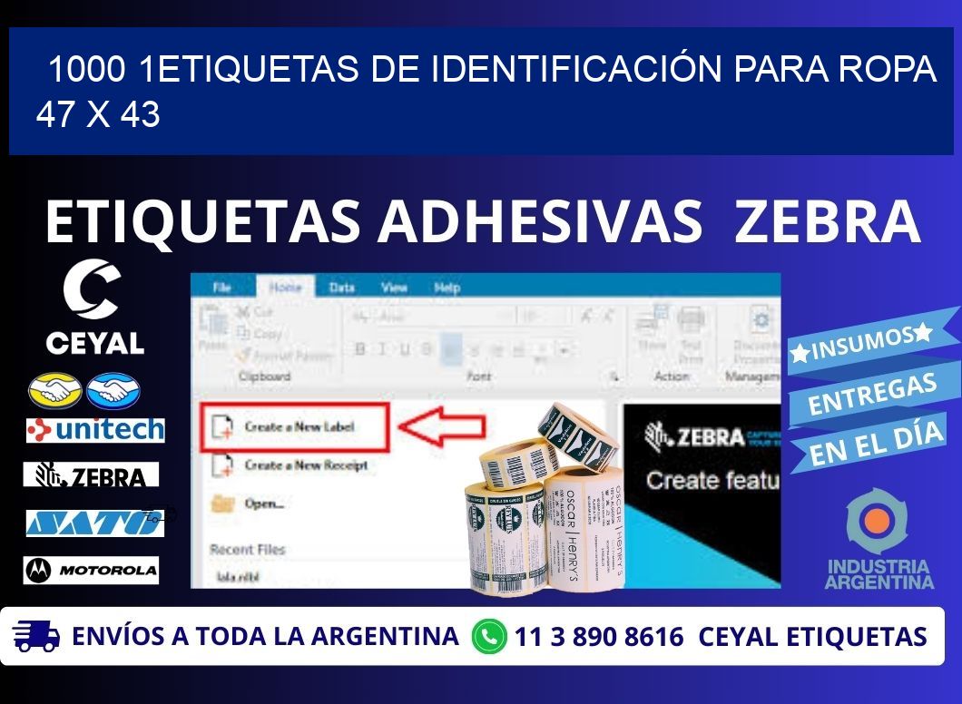 1000 1ETIQUETAS DE IDENTIFICACIÓN PARA ROPA 47 x 43