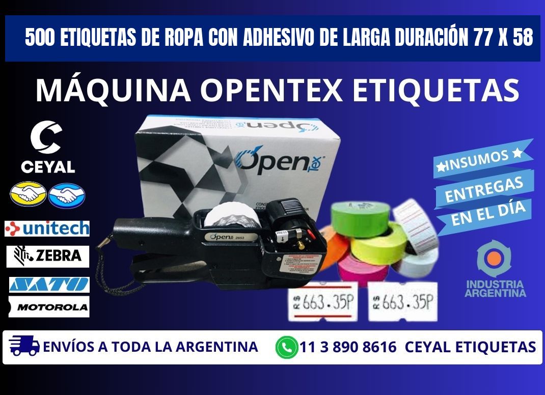 500 ETIQUETAS DE ROPA CON ADHESIVO DE LARGA DURACIÓN 77 x 58