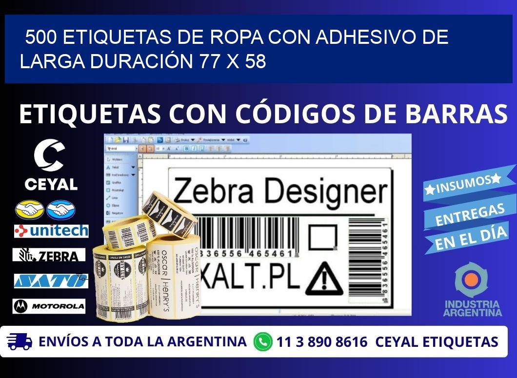 500 ETIQUETAS DE ROPA CON ADHESIVO DE LARGA DURACIÓN 77 x 58