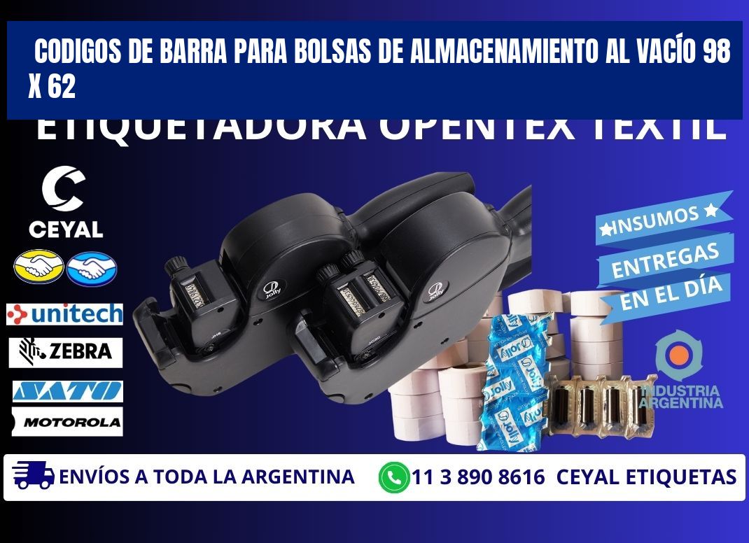 CODIGOS DE BARRA PARA BOLSAS DE ALMACENAMIENTO AL VACÍO 98 x 62