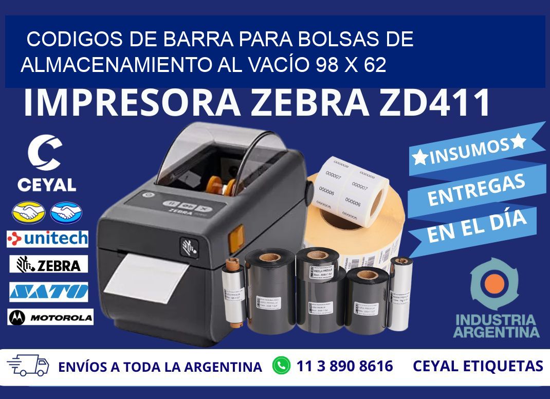 CODIGOS DE BARRA PARA BOLSAS DE ALMACENAMIENTO AL VACÍO 98 x 62