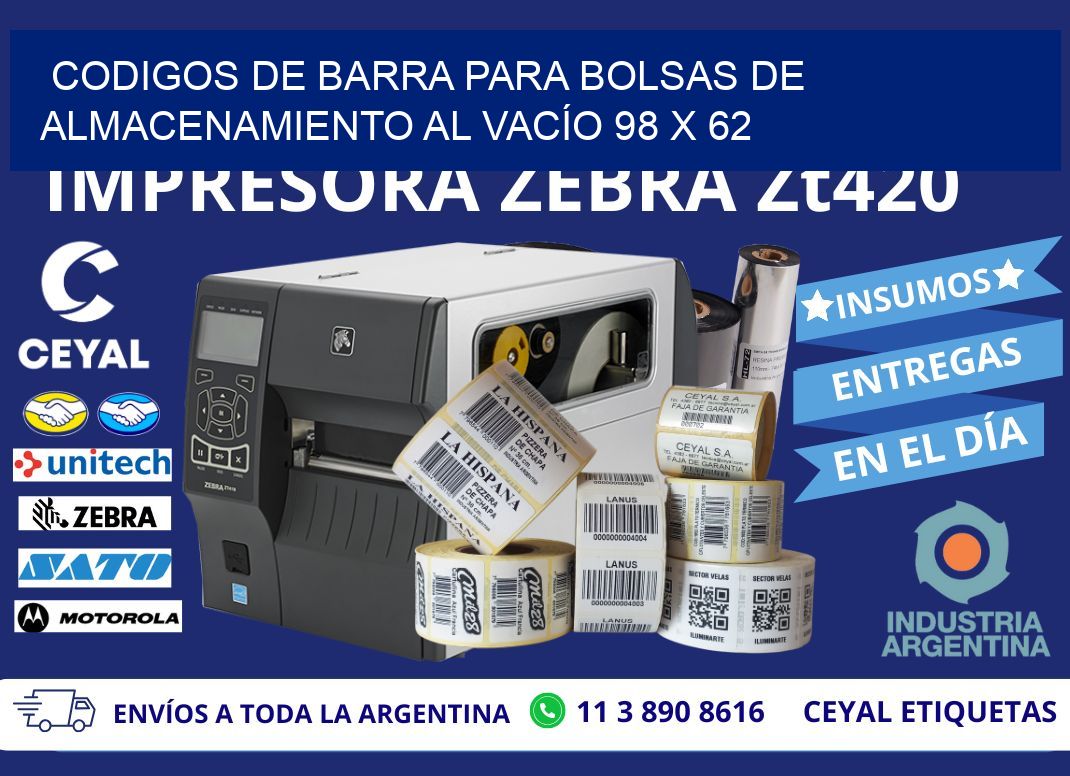 CODIGOS DE BARRA PARA BOLSAS DE ALMACENAMIENTO AL VACÍO 98 x 62