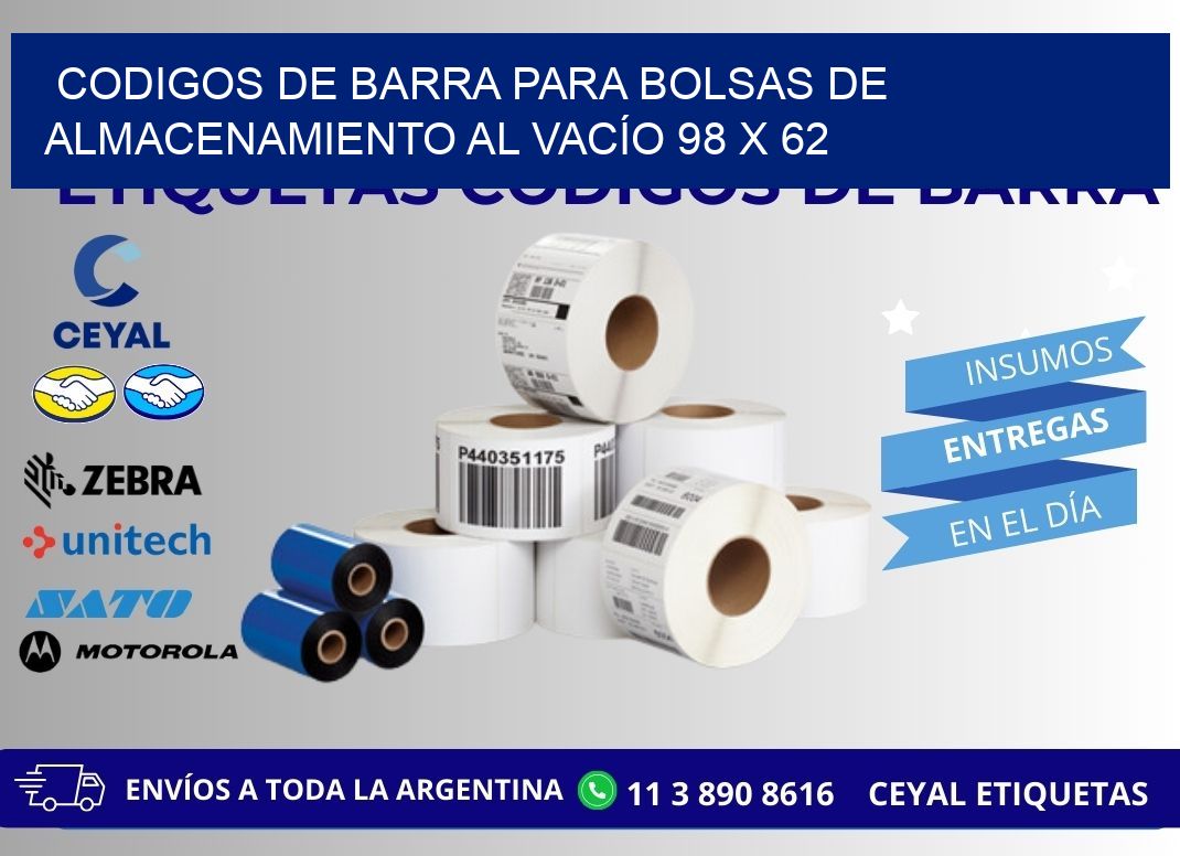 CODIGOS DE BARRA PARA BOLSAS DE ALMACENAMIENTO AL VACÍO 98 x 62