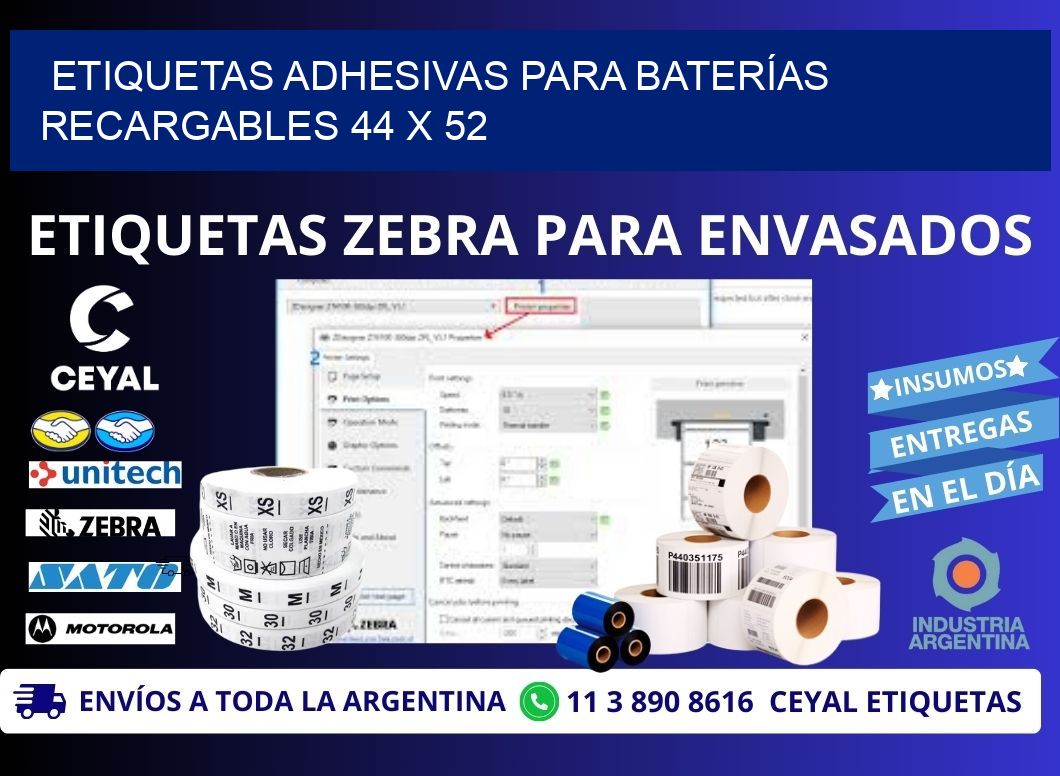 ETIQUETAS ADHESIVAS PARA BATERÍAS RECARGABLES 44 x 52