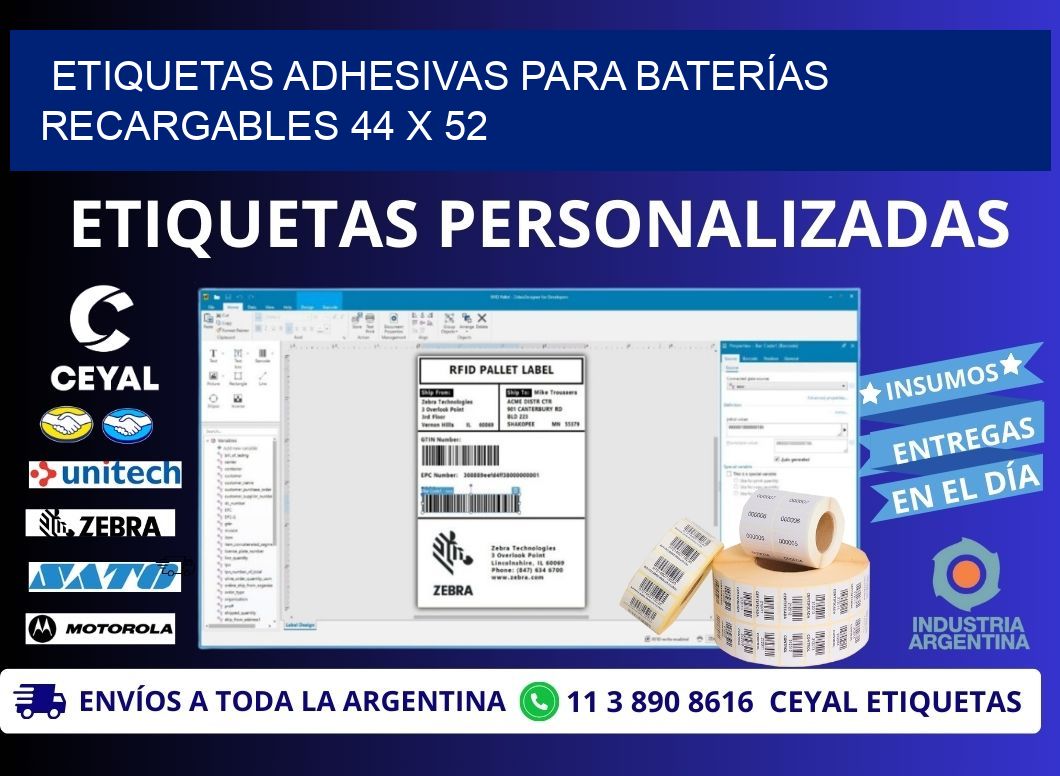 ETIQUETAS ADHESIVAS PARA BATERÍAS RECARGABLES 44 x 52